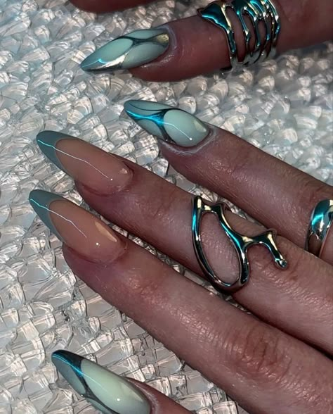 Nail Design Gold, Aqua Nails, 3d Nail Designs, Teal Nails, Purple Nail, Mermaid Nails, Black Nail, Prom Nails, Fire Nails