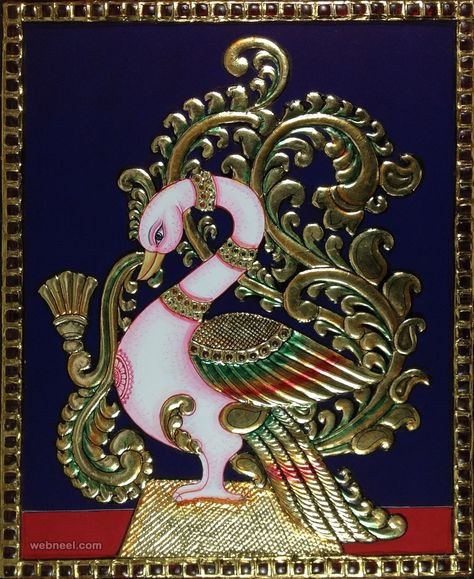 peacock tanjore paintings Swan Art, Swan Painting, Tanjore Paintings, Rajasthani Art, Painting Flowers Tutorial, Swans Art, Blue Things, Popular Paintings, Kerala Mural Painting