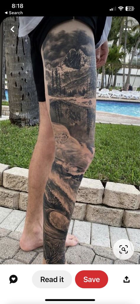 Mountain Leg Sleeve Tattoo, Mens Outdoor Tattoo Sleeve, Mountain Leg Tattoo Men, Hunting Leg Sleeve Tattoo, Outdoor Leg Tattoo, Mountain Leg Sleeve, Big Nature Tattoo, Masculine Sleeve Tattoo For Men, California Leg Sleeve Tattoo