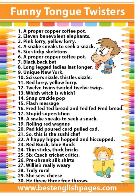 Amazing & Funny Tongue Twisters - English ESL Worksheets for distance learning and physical classrooms Tongue Twisters In English, Funny Tongue Twisters, Tongue Twisters For Kids, Tongue Twisters, English Games, Speaking Activities, English Lessons For Kids, English Activities, Learn English Vocabulary