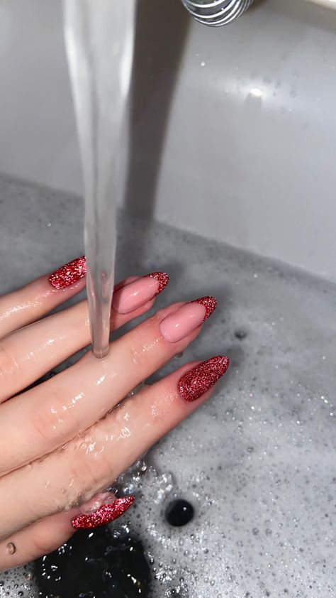 Red Sparkle Nails, Red Sparkly Nails, Almond Nails Red, Acrylic Nail Designs Classy, Baby Pink Nails, Red Acrylic Nails, Glamour Nails, Nails Design With Rhinestones, Almond Acrylic Nails