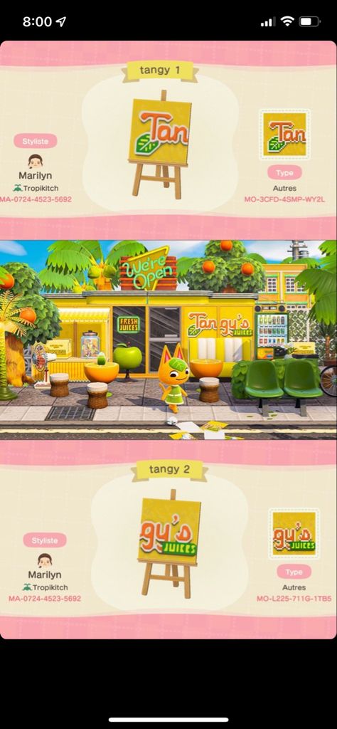 Acnh Orange, Animal Crossing Tropical Island, Juice Stand, Juice Store, Acnh Paths, Animal Crossing Qr Codes, Acnh Codes, Animal Crossing Qr, Juice Bar