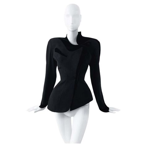 Thierry Mugler Stunning Sculptural Blazer Jacket Dramatic Black Velvet Asymetric For Sale Mugler Jackets Tailoring, Mugler Aesthetic, Mugler Blazer, Mind Shift, High Collar Jacket, Tin Soldier, Dinner Gown, Asymmetrical Collar, Black Wool Blazer