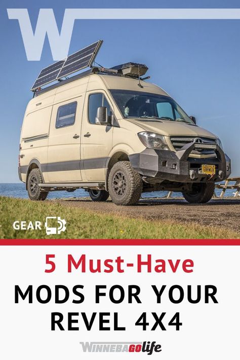 5 must-have mods for your Winnebago Revel 4x4! Now that you have an off-road vehicle, what mods do you need to take it to the next level? Check out our list of modifications that will have a huge impact on your experience living the van life. Solar, storage, and shelves on your wish list? We give you a complete breakdown of cost and time for these DIY rv projects. Fulltime rv living is an adventure and you'll be ready for it. #WinnebagoLife #Revel4x4 #DIYVanLife #VanLife #RVLife #RVLiving Revel Van, Fulltime Rv Living, Winnebago Revel, Travel Trailer Accessories, Rv Gear, Rv Mods, Best Rv Parks, Van Storage, Sprinter Van Conversion