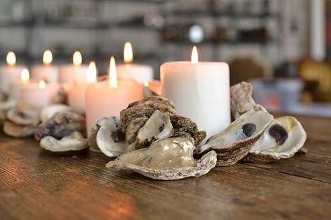 Inspiration Station: Oyster Shells Served 3 Ways - Paisley & Jade - Vintage & Specialty Rentals in Virginia, Washington, DC and North Carolina Oyster Shell Candle Holder, Oyster Candle, Shells Decor, Oyster Shells Decor, Beach Centerpieces, Shell Candle Holder, Oyster Art, Oyster Roast, Pearl Centerpiece