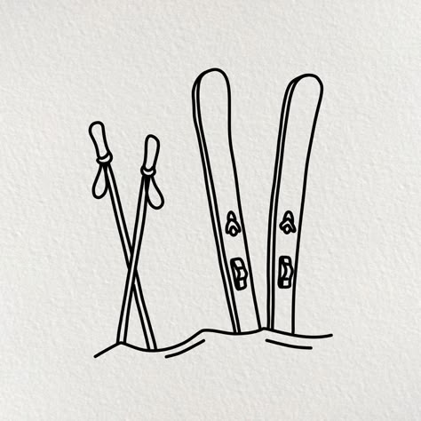 Ski Sketch Drawings, Skiing Minimalist Art, Skis Drawings, Skiing Line Art, Ski Line Drawing, Ski Art Drawing, Small Ski Tattoo, Skiing Drawing Simple, Ski Boot Tattoo