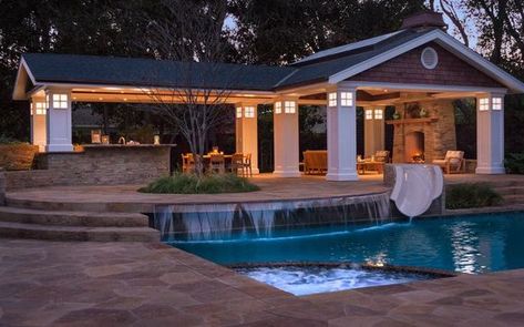 Pool Pavilion w/ Fireplace & Kitchen by GreenWorks Outdoor Living in Franklin, TN - Alignable Pool Pavilion Ideas, Outdoor Kitchen Pavilion, Pavillion Ideas, Covered Breezeway, Gate And Fence Ideas, Cool Backyard Ideas, Outside Living Room, Barn Pool House, Pool Goals