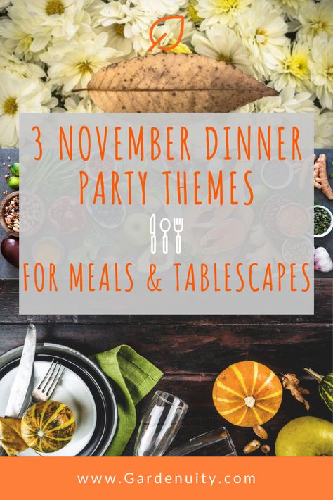 We’ve come up with 3 November specific dinner party themes, including decor and recipes, that’ll have your guests in awe of your hosting capabilities. #holidays #holiday #xmas #thanksgiving #christmas #dinner #family #recipe #yum #yummy #decor #interiordecor #holidaydecor November Dinner Party, November Dinner, Holiday Party Menu, Dinner Party Ideas, Dinner Centerpieces, Adult Party Themes, Hosting Dinner, Dinner Club, Dinner Party Themes