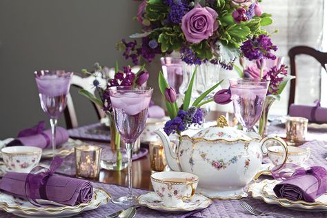 The rich purples of autumn provide an elegant backdrop for our fall-themed tea menu, which even includes touches of the hue in some of the dishes. Autumn Purple, Tea Places, Tea Party Table, Vase Deco, High Tea Party, Autumn Tea, Purple Shades, Tea Cups And Saucers, Tea Party Decorations