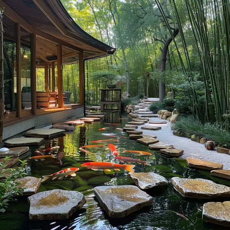 Serene Koi Pond: A tranquil koi pond surrounded by lush bamboo, with stepping stones leading to an elegant pavilion. #koi #pond #bamboo #tranquility #pavilion #aiart #aiphoto #stockcake ⬇️ Download and 📝 Prompt 👉 https://stockcake.com/i/serene-koi-pond_758504_963229 Latte Color Palette, Koi Pond House Entrance, Japanese Garden Design With Koi Pond, Coy Pond, Pond Backyard, Koi Pond Backyard, Brown Comforter, Koi Fish In Pond, Koi Fish Pond With Bridge