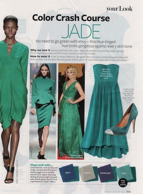 Jade color crash course Color Crash Course, Instyle Color Crash Course, February Colors, Color Wheels, Jade Dress, Green Outfits, Colour Combinations Fashion, Jade Color, Clothing Guide