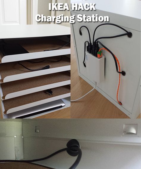 DIY Ikea hack charging station :) Home Office Charging Station, Ikea Charging Station, Desk Charging Station, Command Center With Charging Station, Ikea Hack Charging Station, Diy Charging Station Ideas, Ikea Omar Hack, Diy Charger Station, Charging Station Drawer