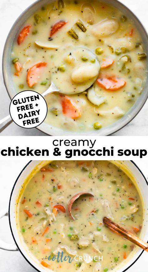 This Creamy Chicken and Gnocchi Soup recipe transforms classic chicken and dumplings into an easy to make comfort food soup recipe. It’s full of nutritious, gluten-free, dairy-free ingredients and comes together with minimal prep time on the stovetop! Make this healthy chicken soup with gluten free gnocchi, leftover turkey from the holidays and dairy free coconut milk. Cozy homemade soup for the win! Chicken Gnocchi Soup Coconut Milk, Creamy Gluten Free Soup, Soup Recipes Dairy Free Gluten Free, Chicken Gnocchi Soup Dairy Free, Gluten Free Gnocchi Soup, Soup Recipes Gluten Free, Creamy Chicken And Gnocchi, Best Chicken Soup Recipe, Comfort Food Soup