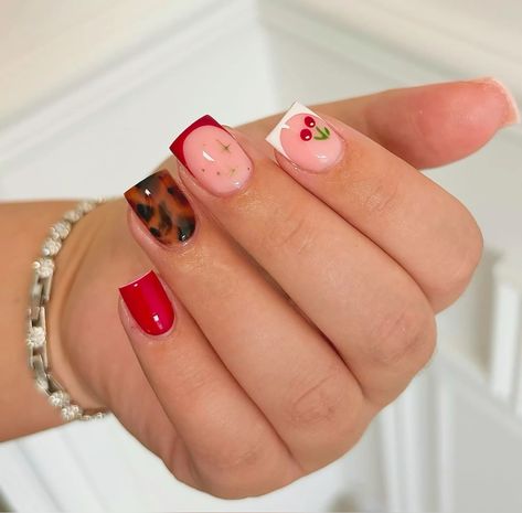 nails, nail, short, short nails, square, square nails, design, nail design, red, red nails, cheetah, cheetah print, cheetah print nails, french tip, french tips, cherry, cherry design, nail art, inspo, nail inspo Valentines Day Nails Short Square French Tip, Valentine's Day Nails Cheetah, Pink French With Cherries, Simple Nail Art Square, Cute Nails Cheetah Print, Colorful Leopard Print Nails, Valentines Nails Cheetah, Bday Nails Ideas Square, Cheetah Nails Cherry