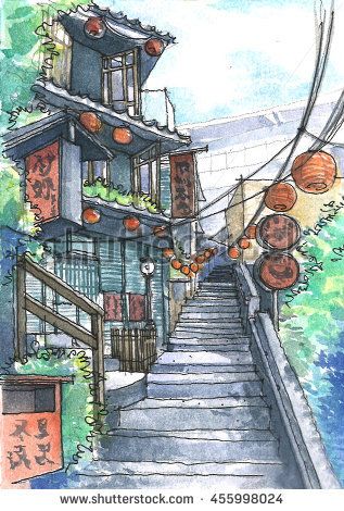 water color painting of old town, Juifen, Taiwan Taiwan Art Illustration, Japanese Town Drawing, Cute Town Drawing, China Town Drawing, Composition Sketch, Water Sketch, Land Mark, Reading Bingo, Town Drawing