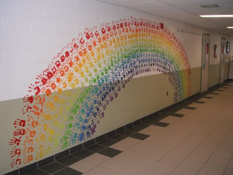 Handprint Mural School, Handprint Wall Mural, Wallpaintings Ideas School, Hand Print Mural, Elementary School Murals Ideas, School Beautification Ideas, School Wall Painting Ideas Classroom, Handprint Mural, Elementary School Murals