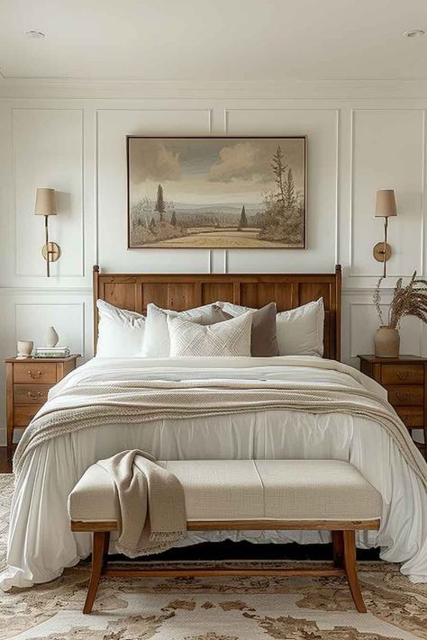 A classic bedroom design with a wooden headboard, soft white bedding, and warm accents, creating a cozy and timeless atmosphere. Traditional Modern Home Decor Bedroom, Bedroom Old Money Aesthetic, Classic Rustic Bedroom, Wood Frame Bedroom Ideas, Craftsman Style Homes Interior Bedrooms, Modern Cottage Master Bed, Classic Bedroom Design Wood, Wood Vaulted Ceiling Bedroom, Wood Bedframe Bedroom Ideas Modern