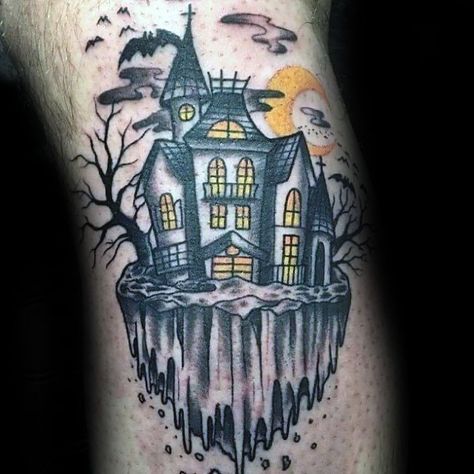 House Tattoo Design, Haunted Tattoo, House Tattoo Ideas, Easy Haunted House, Haunted House Tattoo, Traditional Black Tattoo, House Tattoo, Creepy Drawings, Ghost House