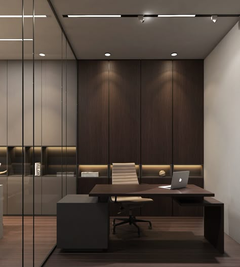 Corporate Office Interior on Behance Dark Office Room Aesthetic, Oficce Design Modern, Lawyer Office Decor Ideas, Classy Office Design, Luxury Modern Office Design, Office Interior Design Wood, Office Design Dark, Personal Office Design, Small Office Interior Design Modern