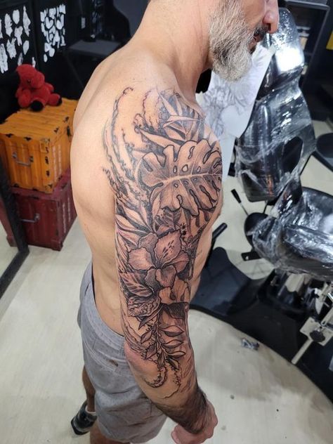 Tattoo Sleeve Men Realism, Masculine Floral Tattoo, Oliver Tattoo, Coqui Tattoo, Flower Tattoo Sleeve Men, Neck Tats, Collage Tattoo, Chest Tattoo Drawings, Tree Sleeve Tattoo