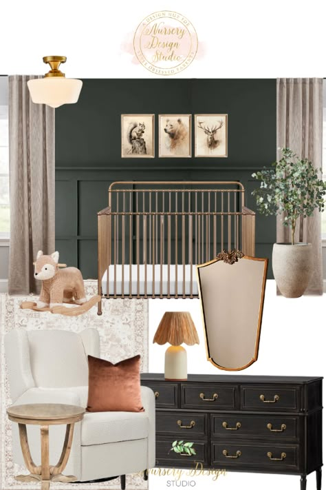 Raleigh's nursery is like stepping into a page from a sumptuous storybook.

We enveloped the nursery walls in Benjamin Moore's Rainy Afternoon, a sophisticated hunter green that sets the stage with its serene, tranquil vibes—simply luxe! Dark Tone Nursery, Nursery Ideas Moody, Dark Nursery Ideas Girl, Dark Green Nursery Girl, Moody Girl Nursery, Nursery Dark Wood, Moody Boy Nursery, Dark Green Baby Nursery, Moody Nursery Ideas