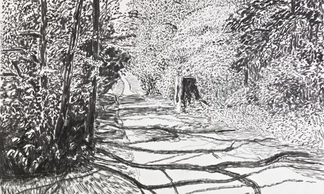 Detail from David Hockney's Woldgate, 26 May 2013. Photograph: © David Hockney, courtesy Annely Juda Fine Art, London Photograph: (c) Dav... Hockney Drawings, Hockney Landscape, David Hockney Landscapes, Spring Drawings, David Hockney Paintings, David Hockney Art, Charcoal Sketches, Landscape Sketches, Spring Drawing