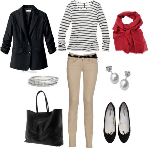 Transitional Look, created by bluehydrangea.polyvore.com Khakis Outfit, Khaki Jeans, Classic Outfit, Dresses Casual Fall, Red Scarf, Teacher Outfit, Best Outfits, Blair Waldorf, Classic Casual