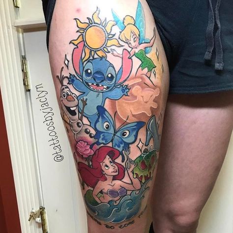 Disney Thigh Tattoo, Disney Characters Tattoos, Disney Inspired Tattoos, Disney Sleeve Tattoos, Unique Half Sleeve Tattoos, Tattoo Disney, Disney Sleeve, Stitch Tattoo, Christian Sleeve Tattoo