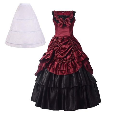 PRICES MAY VARY. Sleeveless victorian ball gown made of bridal satin, smooth, comfortable, breathable and soft to wear Package includes: 1x outer victorian dress; 1x inner dress; 1x hoop skirt Features: sleeveless, floor length, 2 layer, bowknot, lace crew neckline, invisible zipper, ruffle on the front The outer vampire gothic dress is designed with an adjustable drawstring Size: Please refer to our size chart on the left image. Perfect for Victorian Ball, Halloween night, Masquerade Womens Vic Clowncore Dress, Gothic Vampire Dress, Saloon Girl Dress, Dress With Petticoat, Gothic Gowns, Victorian Ball, Vampire Gothic, Vampire Dress, Gold And Black Dress