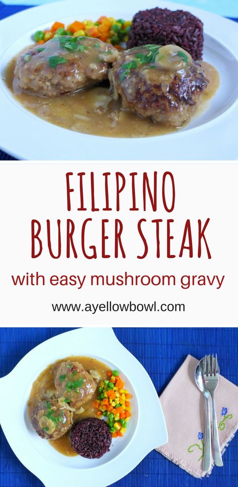 Make this beloved Filipino burger steak with an easy mushroom gravy. This recipe rivals the famous Jollibee burger steak. Serve with lots of rice and some buttered vegetables. #filipinorecipe #burgersteak Jollibee Burger Steak, Burger Steak Recipe, Beef Burger Patty Recipe, Jollibee Burger, Meat Patty Recipe, Easy Mushroom Gravy, Beef Recipe Ideas, Best Hamburger Patty Recipe, Burger Patty Recipe