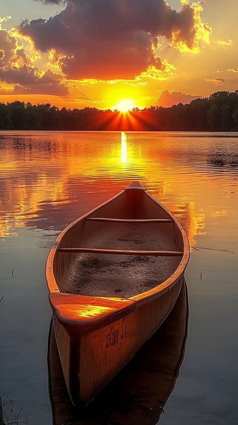 Sunset Canoe Serenity: A lone canoe floats on a tranquil lake under a breathtaking sunset with vibrant colors. #sunset #canoe #lake #tranquility #water #aiart #aiphoto #stockcake ⬇️ Download and 📝 Prompt 👉 https://ayr.app/l/VCKo Pictures Of Sun, Nature Pictures Landscape, Canoe On Lake, Water And Sunset, Beaches Aesthetic, Lake Aesthetics, Pretty Lake, Boat On Lake, Boat Sunset