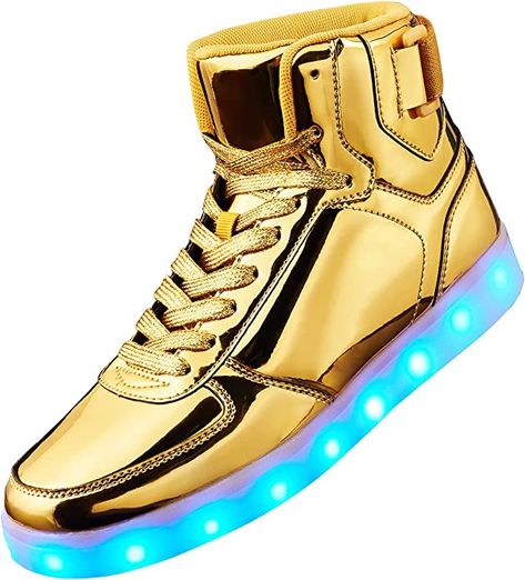 Amazon.com | DIYJTS Unisex LED Light Up Shoes, Fashion High Top LED Sneakers USB Rechargeable Glowing Luminous Shoes for Men, Women, Teens Gold | Fashion Sneakers Led Shoes, Light Up Shoes, In The Darkness, Boot Accessories, Mini Dresses Summer, The Darkness, Up Shoes, Mini Dress With Sleeves, Sunglass Frames