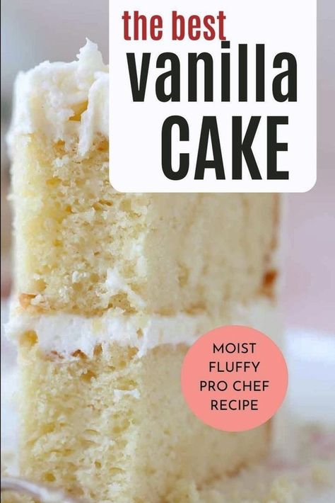 This moist vanilla cake recipe by a pastry chef is made with sour cream for delicate, tender layer cake with silky vanilla frosting! This easy recipe stays moist for days and has a rich, vanilla flavor. Frost with my easy vanilla buttercream or try any of my other professional frosting recipes Professional Frosting Recipe, Vanilla Cake Recipe With Sour Cream, Moist Vanilla Cake Recipe, Fluffy Vanilla Cake Recipe, Cake Recipe With Sour Cream, Vanilla Cake Recipe Moist, Vanilla Birthday Cake Recipe, Best Vanilla Cake, Perfect Vanilla Cake