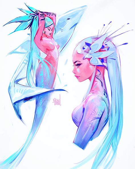 Ross Tran, Mermaid Drawings, Mermaids And Mermen, Vintage Mermaid, Mermaid Art, Last Month, Creature Art, Fantasy Character Design, Animal Drawings