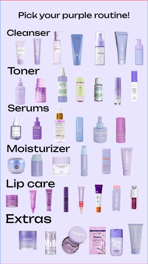 #skincare #florencebymills #mariobadescu #glowrecipe #purple #purpleaesthetic #routine #cleanser #moisturizer #drunkelephant #fyp Purple Skincare Aesthetic, Target Self Care, Cardboard Skincare, Skincare Routine Guide, Purple Skincare, Purple Toner, Sephora Must Haves, Skin Care Lip, Christmas Wish List Ideas