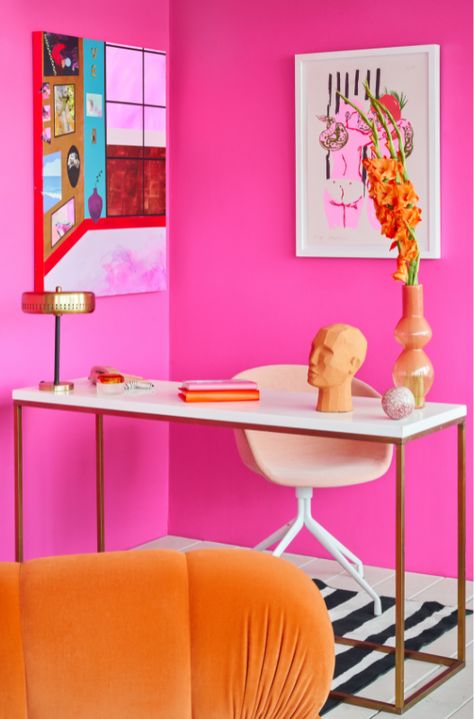 Bold Bright Aesthetic, Bright Pink Decor, Hot Pink Color Combinations, Bright Pink Bedroom, Hot Pink Home Decor, Hot Pink Office, Home Office Minimal, Bright Pink Wall, Hot Pink Bedroom