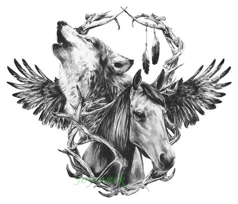 free native american eagle feathers tattoo flash - Yahoo Image Search Results Horse And Wolf Tattoo, Horse And Wolf, Tattoo Lower Back, Howling Wolf Tattoo, Coyote Tattoo, Blessed Tattoos, Hummingbird Nest Ranch, Japanese Tattoo Symbols, Watercolor Wolf