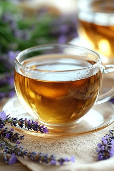 Homemade Chamomile Lavender Honey Tea, a soothing blend for ultimate relaxation, using chamomile and lavender for a calming effect in a beautifully presented cup. Lavender Tea Recipe, Yogi Tea, Healing Tea, Dried Lavender Flowers, Savory Treats, Sweet Water, Fresh Lemonade, Lavender Honey, Honey Tea