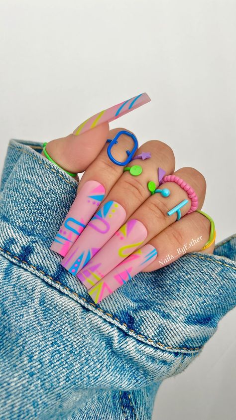 1990 Nail Designs, 90s Nail Designs Art Ideas, 90s Nostalgia Nails, 1990s Nails The 90s, 90s Nail Designs, 90s Nail Art, 90’s Theme Acrylic Nails, Full Cover Nail Tips, 90s Nails