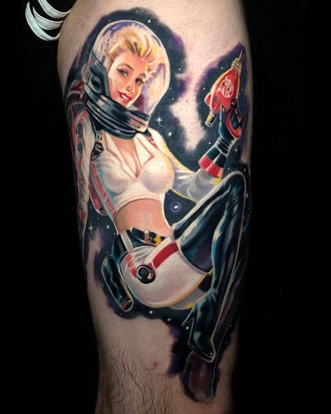 Retro space girl tattoo Space Girl Tattoo, Retro Futurism Tattoo, Punk Tattoo, Pin Up Girl Tattoo, Healing Tattoo, Space Tattoo, Pin Up Tattoos, Fallout Art, Space Girl