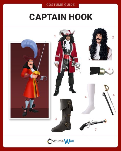 Get the complete pirate look of Captain Hook, the arch-enemy of Peter Pan of NeverLand from the 1953 Disney movie. Smee Costume, Jafar Costume, Peter Pan Costume Kids, Hades Costume, Peter Pan Outfit, Costume Wall, Hook Costume, Captain Hook Costume, Disney Villain Costumes