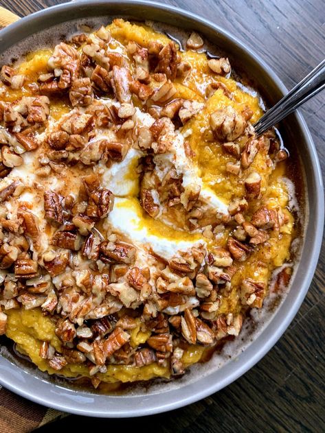 An unexpected side dish that everyone will fall in love with and perfect to prep ahead. Easy to ... Acorn Squash Puree, Squash Puree, Dairy Free Cream, Festive Dinner, Acorn Squash, Butter Pecan, Chopped Pecans, Vegan Butter, Vegan Paleo