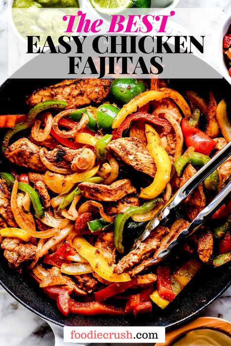 The BEST Easy Chicken Fajitas | foodiecrush.com Image shows a closeup overhead shot of a cast-iron skillet full of sautéed green, yellow, and red bell peppers, and fajita-seasoned chicken pieces (cut into strips), with a pear of tongs in the middle of the skillet, and some limes in the background Clean Eating Fajitas, Fajita Chicken Salad Recipe, Homemade Chicken Fajita Seasoning Recipe, Beef And Chicken Fajitas, Fajita Seasoning Recipes, Home Made Fajitas, Best Chicken Fajita Recipe Skillet, Easy Chicken Fajita Seasoning Recipe, Chicken Fajita Appetizers