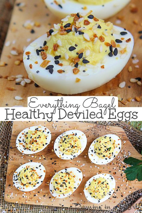 Everything Bagel Deviled Eggs with Everything Bagel Seasoning. A Healthy Deviled Egg recipe using greek yogurt and no mayo and only 6 ingredients. This super easy deviled eggs recipe is the best twist on the classic southern recipe. A simple side dish for Easter or summer cookouts. If you are looking for a fun use for Trader Joe's Everything But the Bagel Seasoning this is it! Clean Eating, Vegetarian, Healthy, Low Carb, Gluten Free /Running in a Skirt #easter #healthy #everythingbagelseasoning Deviled Egg Toppings, Healthy Deviled Eggs Recipe, Creative Egg Recipes, Thanksgiving Menus, Devil Eggs, Healthy Deviled Eggs, Deviled Egg Recipe, Southern Deviled Eggs, Macro Tracking