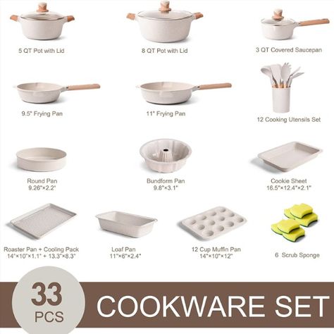 The 33 piece kitchen pots and pans include a 9.5” frying pan, an 11" frying pan, a 5QT stockpot with lid, an 8QT stockpot, a 3QT saucepan with lid, 11 Kitchen utensils set, a storage bucket, a boundform pan, a round pan, a cookie sheet, a roaster pan+cooking pack, loaf pan, muffin pan and six sponges. The stylish cookware sets meet all your kitchen and family needs. Kitchen Essentials List, Pan Cookies, Cooking Gift, Kitchenware Set, Kitchen Cookware Sets, Induction Cookware, Pots And Pans Sets, Cooking Utensils Set, Kitchen Pot