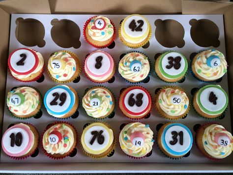 Bingo cupcakes Bingo Dessert Ideas, Bingo Cupcakes Ideas, Bingo Cupcakes, Alcohol Theme Cupcakes, Alcohol Cupcakes Birthday, Bowling Pin Cupcake Cake, Novelty Cupcakes, Bingo Night, Bingo Party