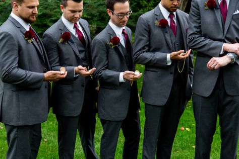 Dark Grey Groomsmen Suits Burgundy Tie, Dark Grey And Burgundy Wedding, Grey Groomsmen Suits With Burgundy, Wine And Gray Wedding Color Schemes, Grey And Burgundy Groomsmen, Dark Grey Groomsmen Suits, Burgundy Groomsmen Attire, Grey Tux Wedding, Dark Grey Suits