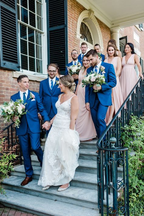 wedding party in blush and royal blue #weddingday #blushwedding #weddinginspiration #Weddingplanning #bride #bluegroomsmen #bridalparty Wedding Color Royal Blue, Royal Blue Suit Wedding, Dream Wedding Bridesmaids, Bridesmaids Updos, Royal Blue Wedding Theme, Blue Groomsmen, Blue And Blush Wedding, Blue Wedding Theme, Bridesmaids Proposal