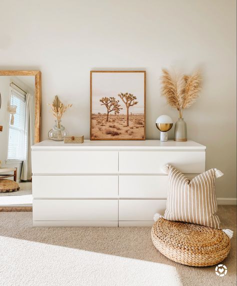 White Wood Gold Bedroom, Boho Bedroom With Ikea Furniture, Bedroom Dresser White, White Gold And Wood Bedroom, Boho Bedroom White Furniture, Wood And Gold Bedroom, Boho Bedroom Dresser Decor, White And Wooden Bedroom, White And Gold Bedroom Aesthetic