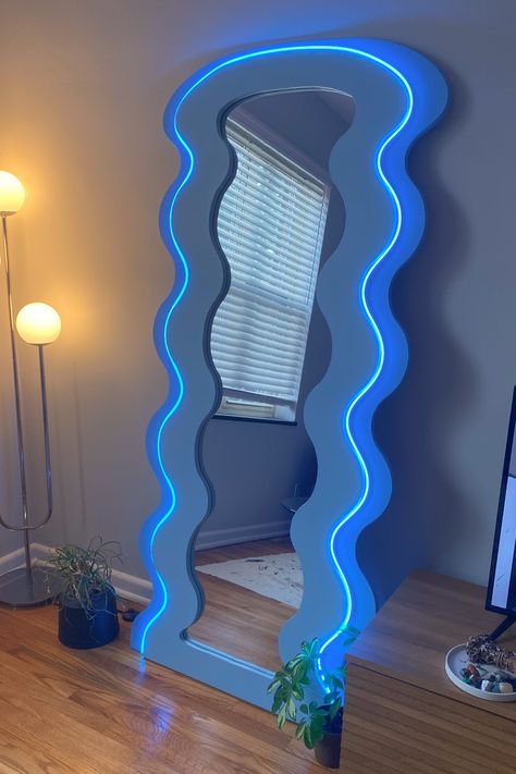 Blue LED lights. LED mirror. Wavy mirror. Chill apartment vibes. Kids Game Room Ideas, Ideas Para Decorar Espejos, Kaca Aesthetic, Room Ideas Kids, Interior Design Ideas Bathroom, Study Room Ideas, Kids Game Room, Room Ideas Interior Design, Dark Blue Rooms